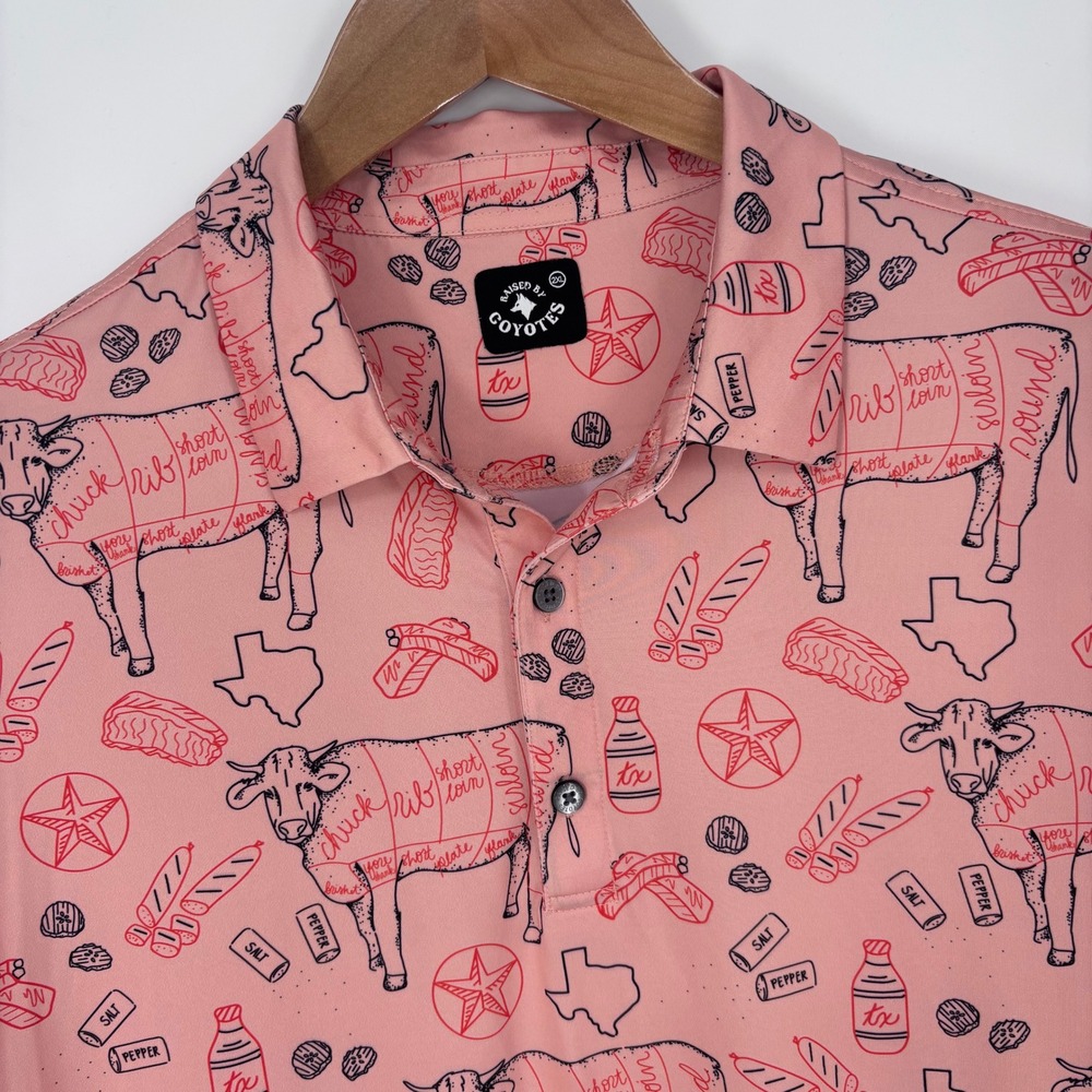 Raised By Coyotes Polo Shirt Mens 2XL Pink Cow Butcher Print Texas BBQ Golf